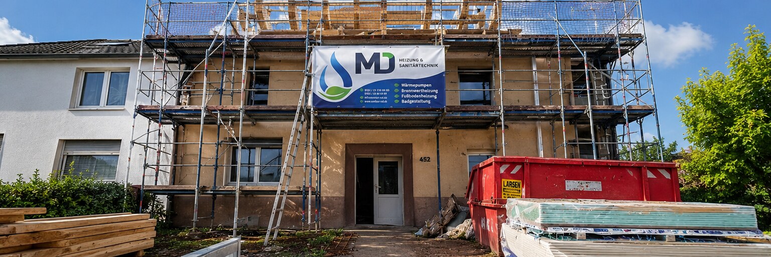 MD Heizung & Sanitärtechnik Baustelle mit Markenbanner am Gerüst